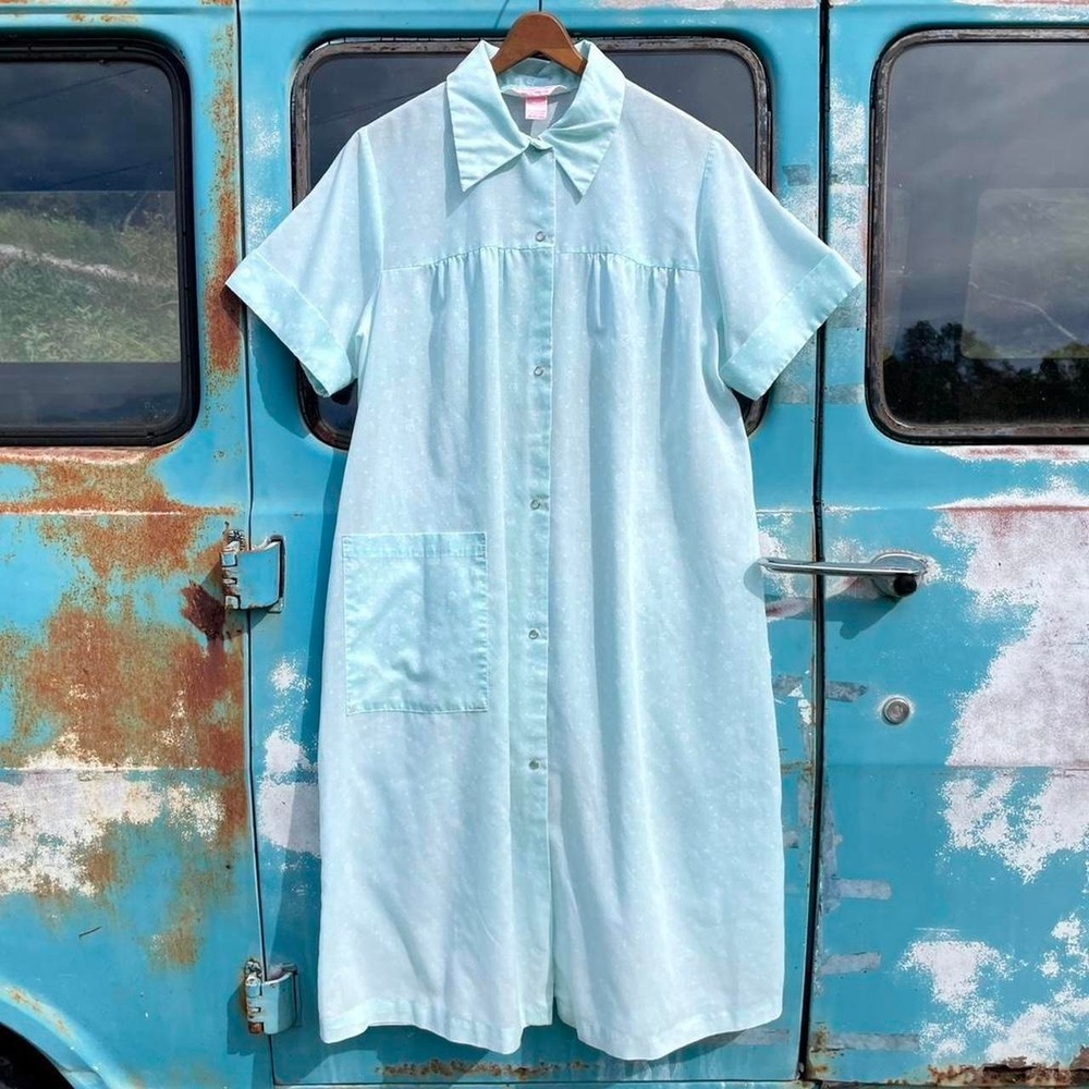 80s mermaid teal Carriage Court cotton poly blend house dress